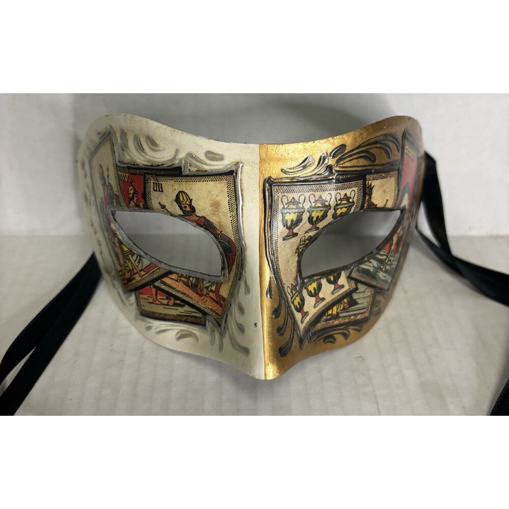 Handmade Venetian Style Tarot Card Masquerade Mask Hand Painted Tan And Gold